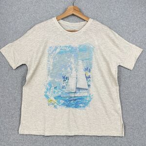 J. Jill Top Womens Small Tan Short Sleeve Sail Boat Beach Tee Collection C2851